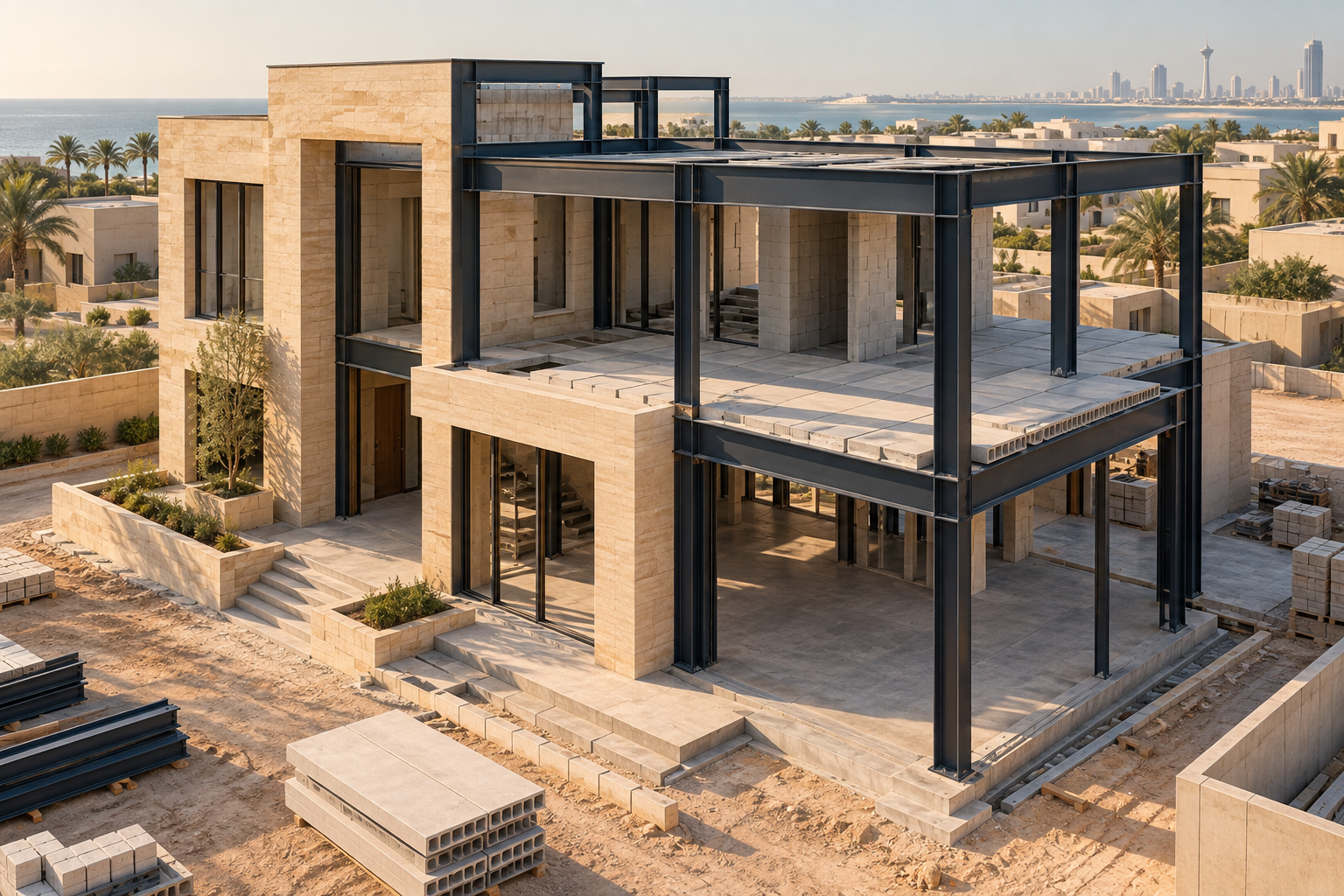 Steel-frame villa concept showing the structure and lightweight floor system